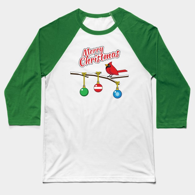 Red Cardinal on Christmas Bare Branch - Merry Christmas Baseball T-Shirt by BirdAtWork